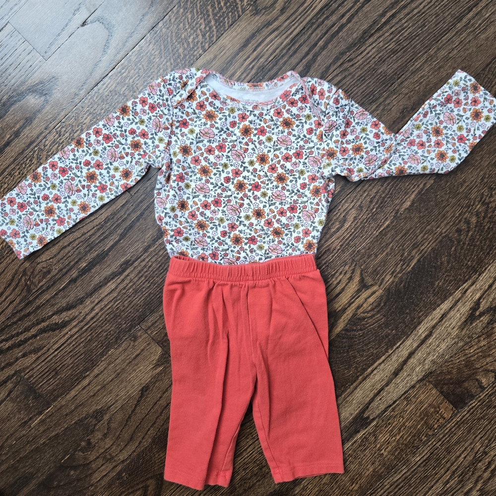 Floral Long Sleeve Top and Coral Pants Set